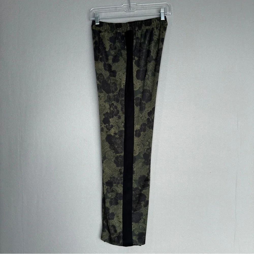 CHELSEA28 Floral Satin Wide Leg Pants Olive Black Side Stripe 0 Boho Chic Sporty